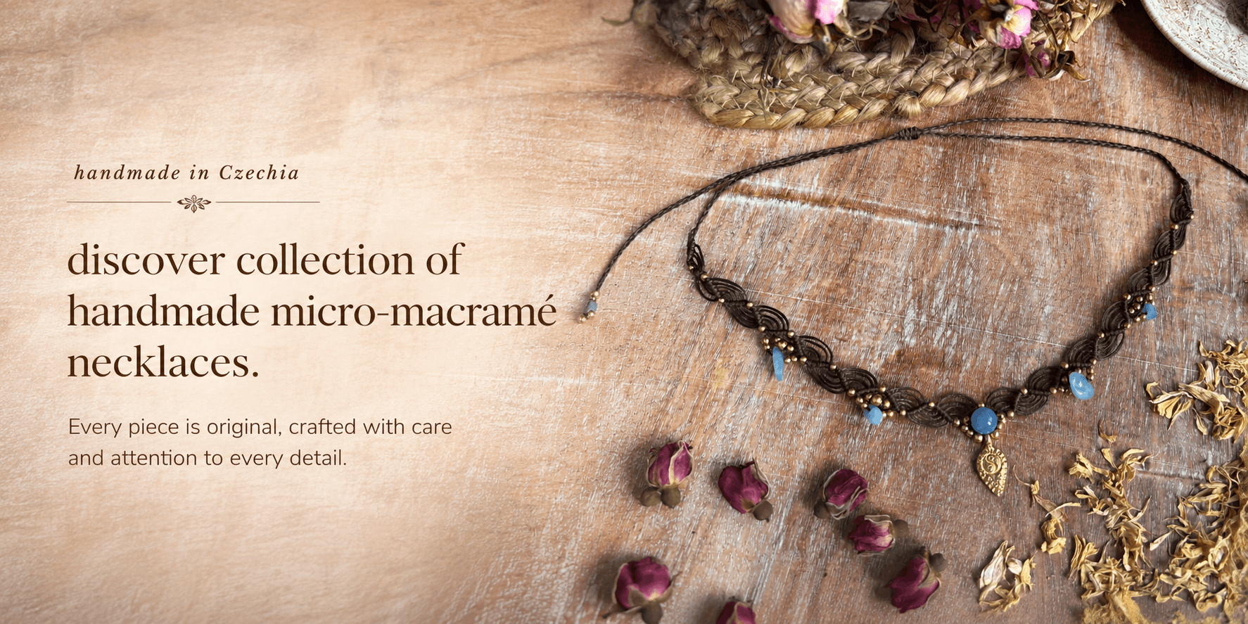 Handmade in Czechia. Discover collection of handmade micro-macrame necklaces. Every piece is original, crafted with care and attention to every detail.